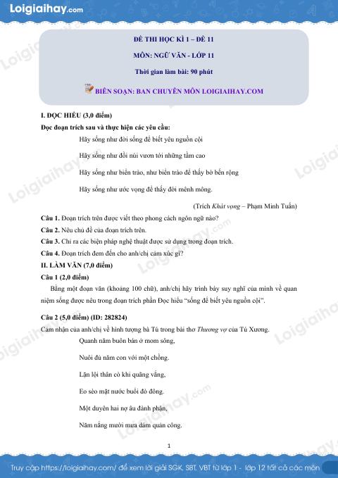 Đề số 11 - Đề kiểm tra học kì 1 - Ngữ văn 11